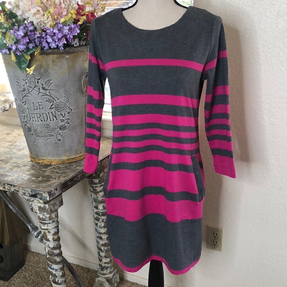 Joan Vass Gray and Pink Cotton Knit Sheath Dress
